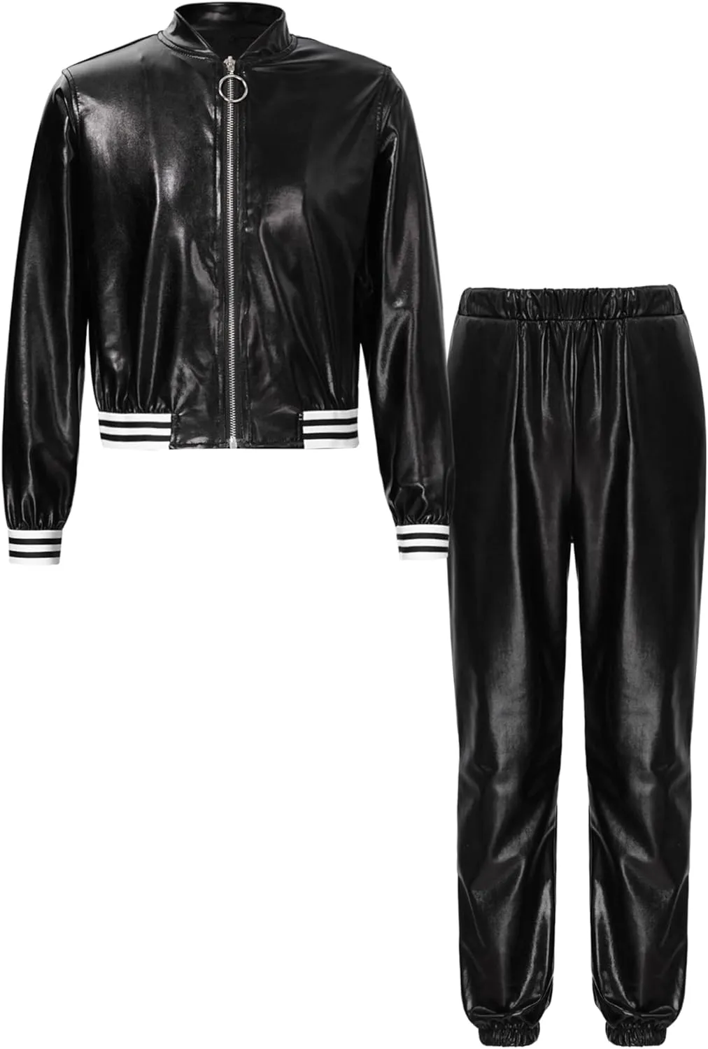 Kids Boys Girls Jazz Hip Hop Dance Costume Shiny Leather Jacket Sweatshirt with Sweatpants Set