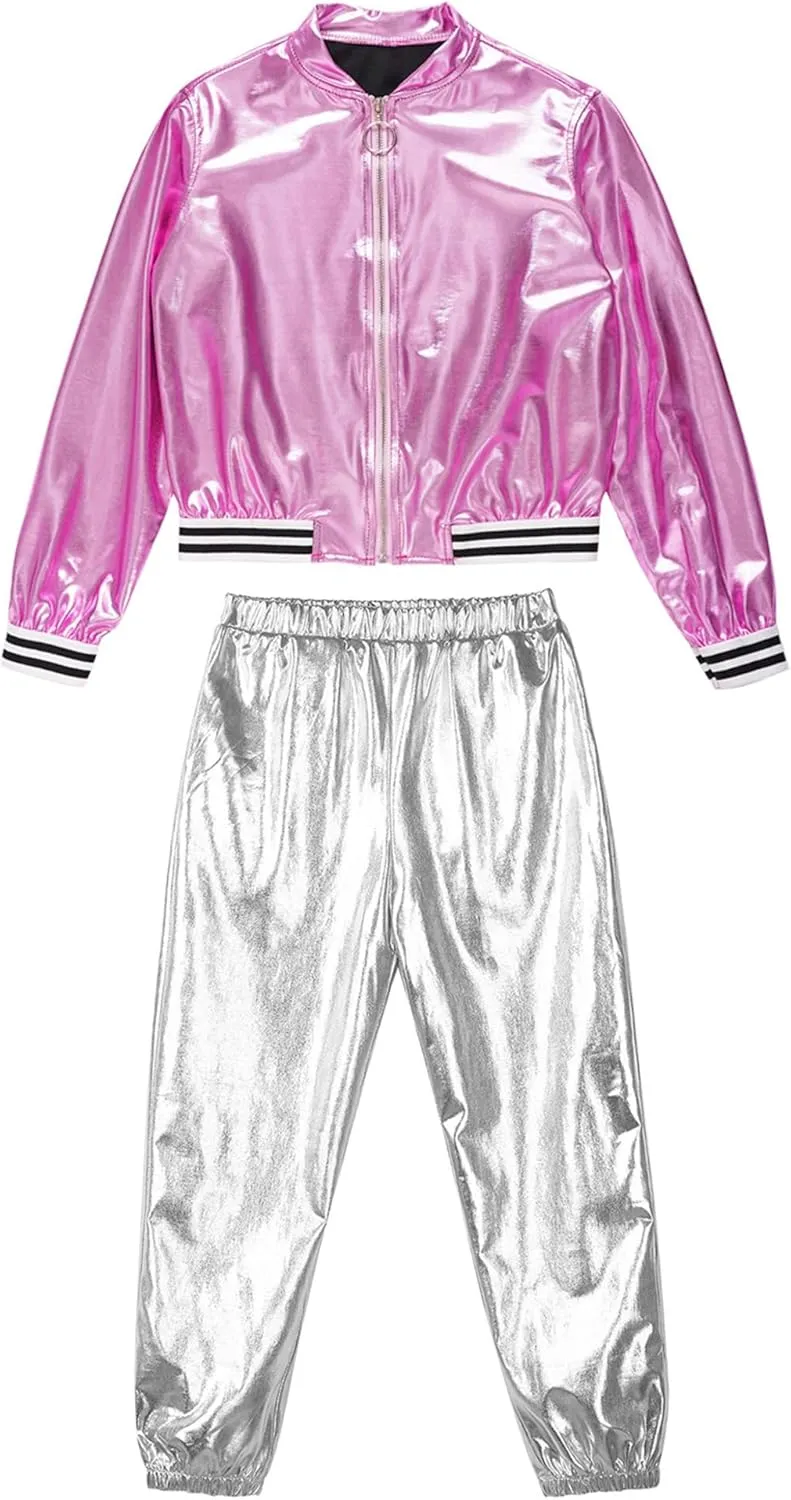 Kids Boys Girls Jazz Hip Hop Dance Costume Shiny Leather Jacket Sweatshirt with Sweatpants Set