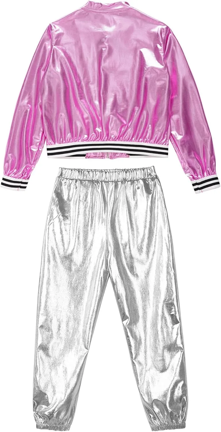 Kids Boys Girls Jazz Hip Hop Dance Costume Shiny Leather Jacket Sweatshirt with Sweatpants Set