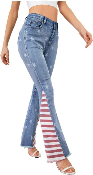 LAFOURAM Bell Bottom Jeans for Women High Waist Flared Wide Leg Floral Embroidered Denim Pants