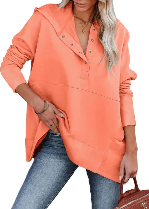 LaLaLa Women Button Down V Neck Hoodies Casual Long Sleeve Oversized Pullover Sweatshirt Hooded Tops with Pockets