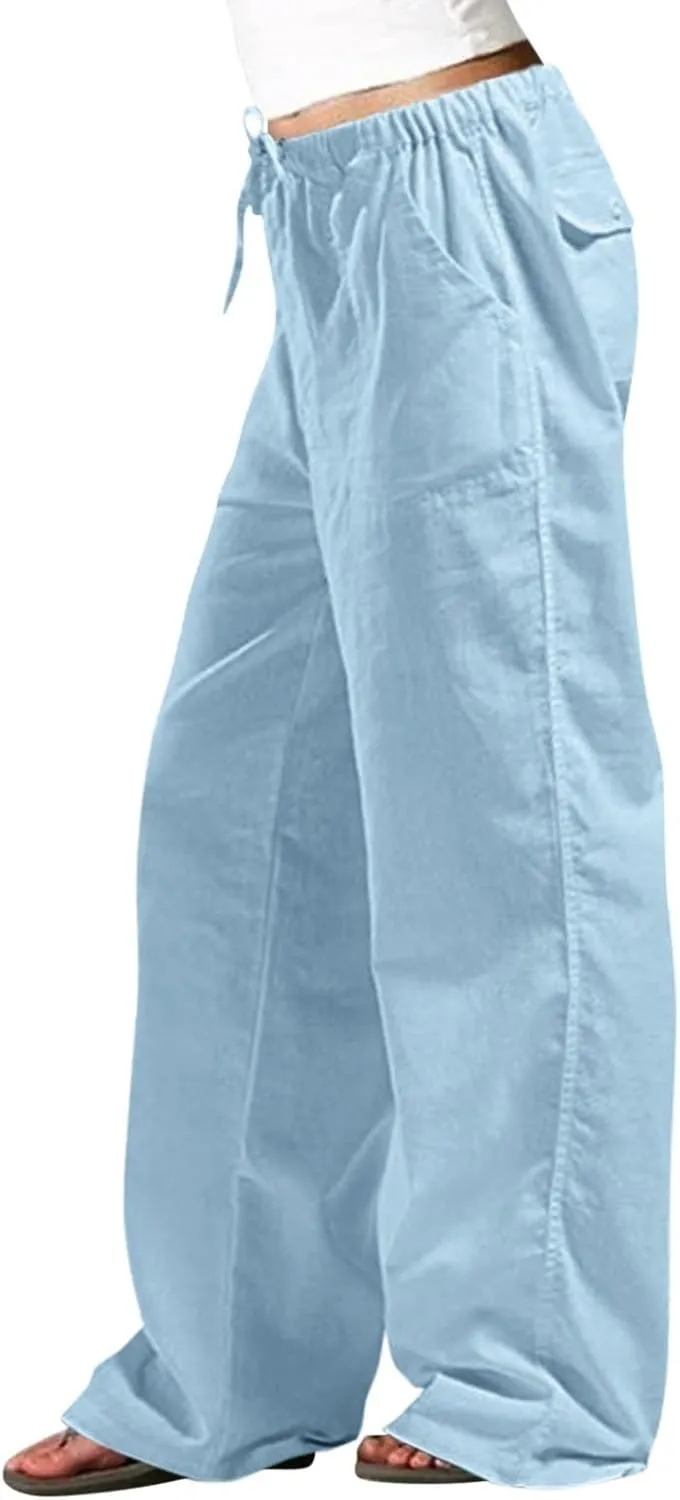 Linen Pants Women Elastic High Waisted Drawstring Wide Leg Trousers Baggy Flowy Palazzo Lounge Pants with Pockets