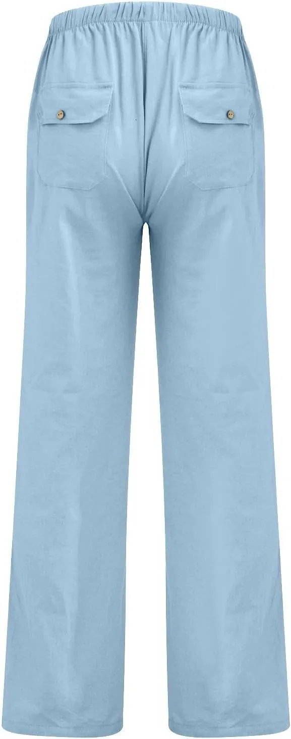 Linen Pants Women Elastic High Waisted Drawstring Wide Leg Trousers Baggy Flowy Palazzo Lounge Pants with Pockets