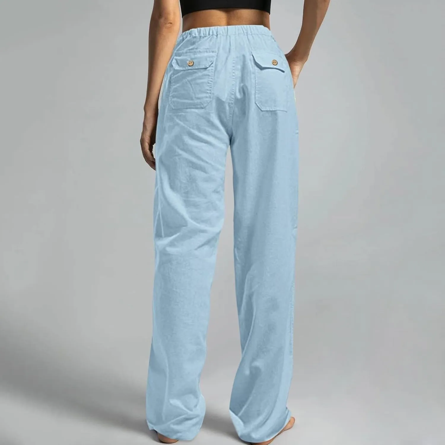Linen Pants Women Elastic High Waisted Drawstring Wide Leg Trousers Baggy Flowy Palazzo Lounge Pants with Pockets