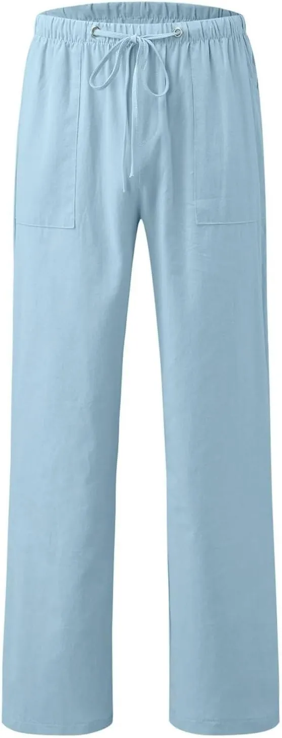Linen Pants Women Elastic High Waisted Drawstring Wide Leg Trousers Baggy Flowy Palazzo Lounge Pants with Pockets