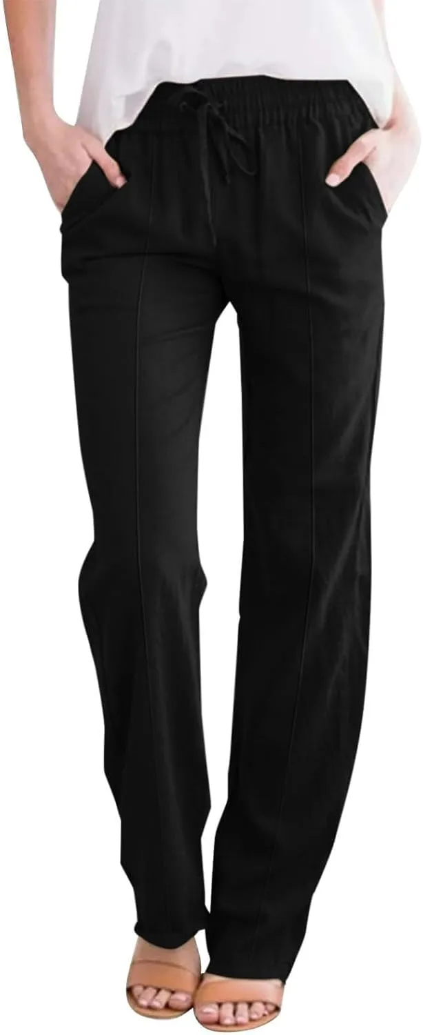 Linen Pants Women Loose Straight Leg Drawstring Summer Pants Casual Baggy Vacation Flowy Sweatpants with Pockets