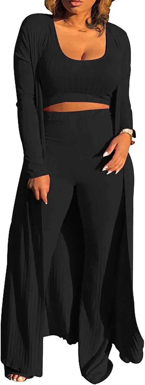 LKOUS 3 Piece Suit for Women's Solid Long Sleeve Open Front Long Coat and Crop Tank Top with Leggings Loungewear