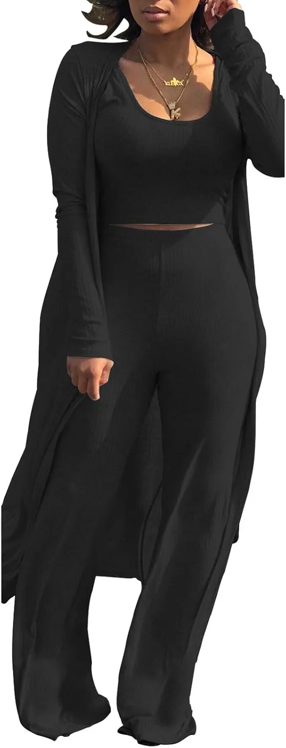 LKOUS 3 Piece Suit for Women's Solid Long Sleeve Open Front Long Coat and Crop Tank Top with Leggings Loungewear