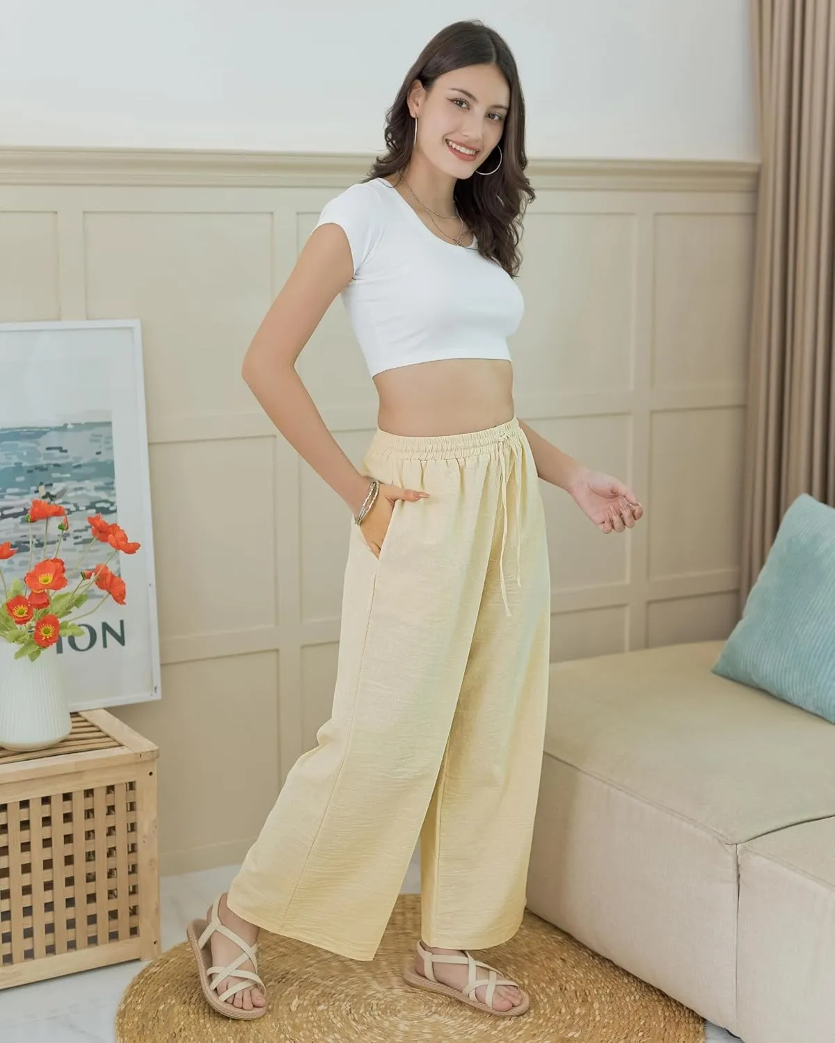 LOFBAZ Women Cotton Linen Wide Leg Palazzo Drawstring Pants Casual High Waist Flowy Trousers Lounge Summer Pant with Pockets