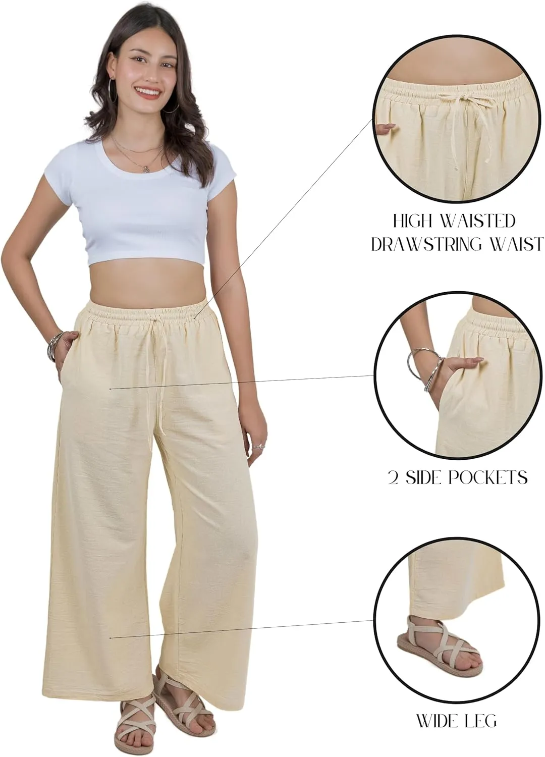 LOFBAZ Women Cotton Linen Wide Leg Palazzo Drawstring Pants Casual High Waist Flowy Trousers Lounge Summer Pant with Pockets
