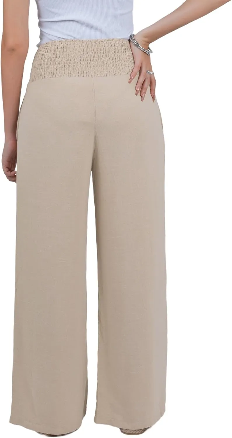 LOFBAZ Women Linen Palazzo Wide Leg Pants Flowy Lounge Casual High Waist Trousers Summer Beach Boho Long Pant with Pockets