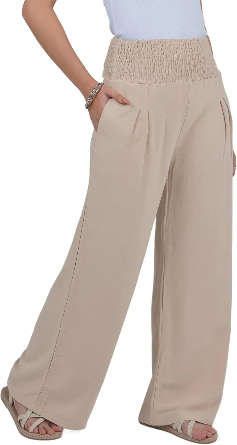 LOFBAZ Women Linen Palazzo Wide Leg Pants Flowy Lounge Casual High Waist Trousers Summer Beach Boho Long Pant with Pockets