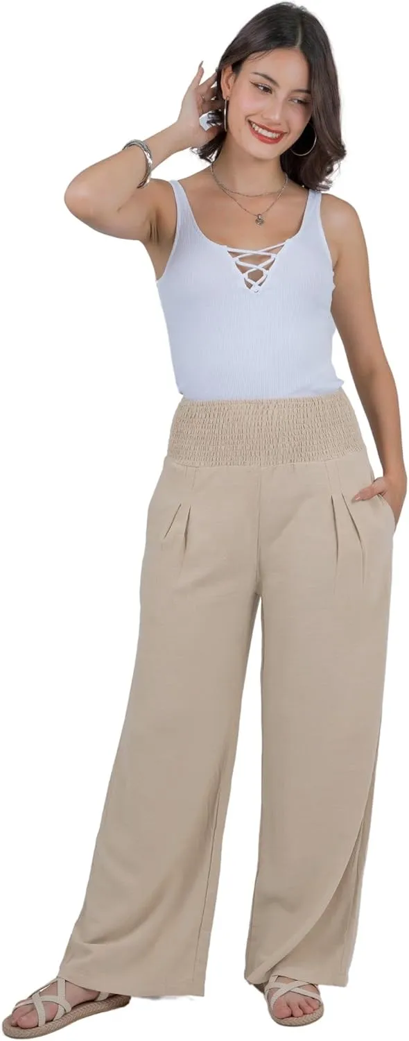 LOFBAZ Women Linen Palazzo Wide Leg Pants Flowy Lounge Casual High Waist Trousers Summer Beach Boho Long Pant with Pockets