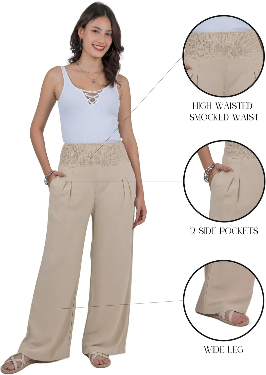 LOFBAZ Women Linen Palazzo Wide Leg Pants Flowy Lounge Casual High Waist Trousers Summer Beach Boho Long Pant with Pockets
