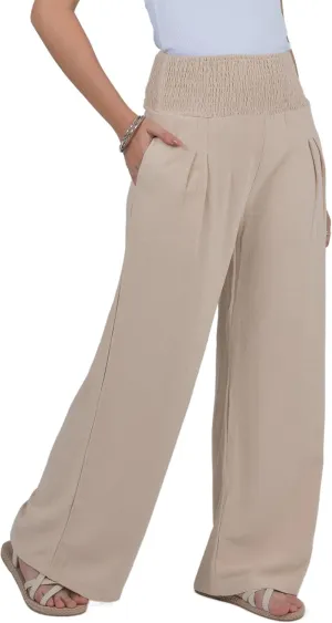 LOFBAZ Women Linen Palazzo Wide Leg Pants Flowy Lounge Casual High Waist Trousers Summer Beach Boho Long Pant with Pockets