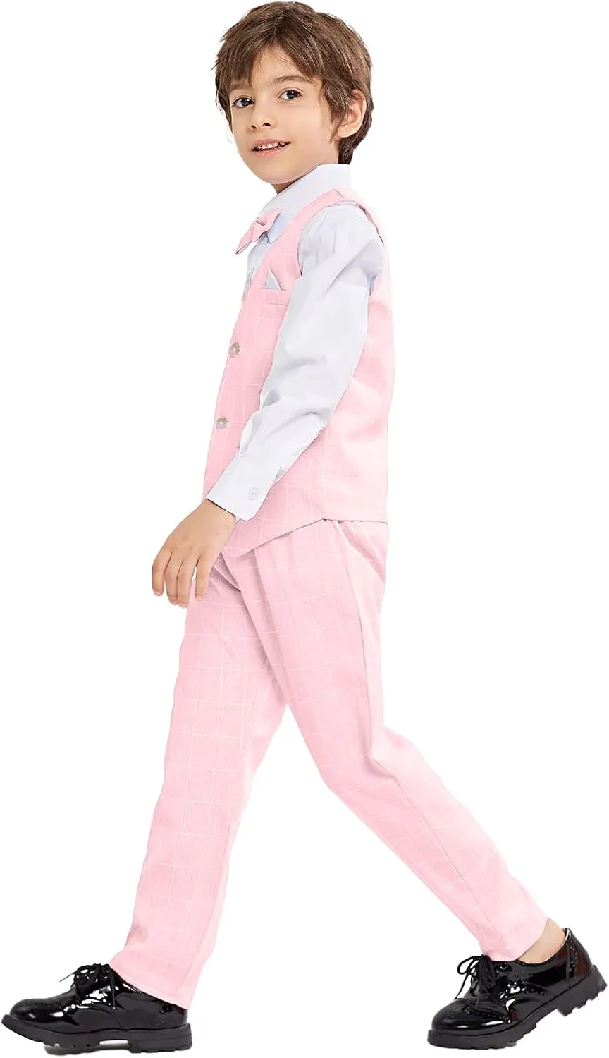 LOLANTA Boys Vest Suits 4PCs Wedding Ring Bearer Outfits Wasitcoat Shirt Pants Bow Tie 2-13 Years