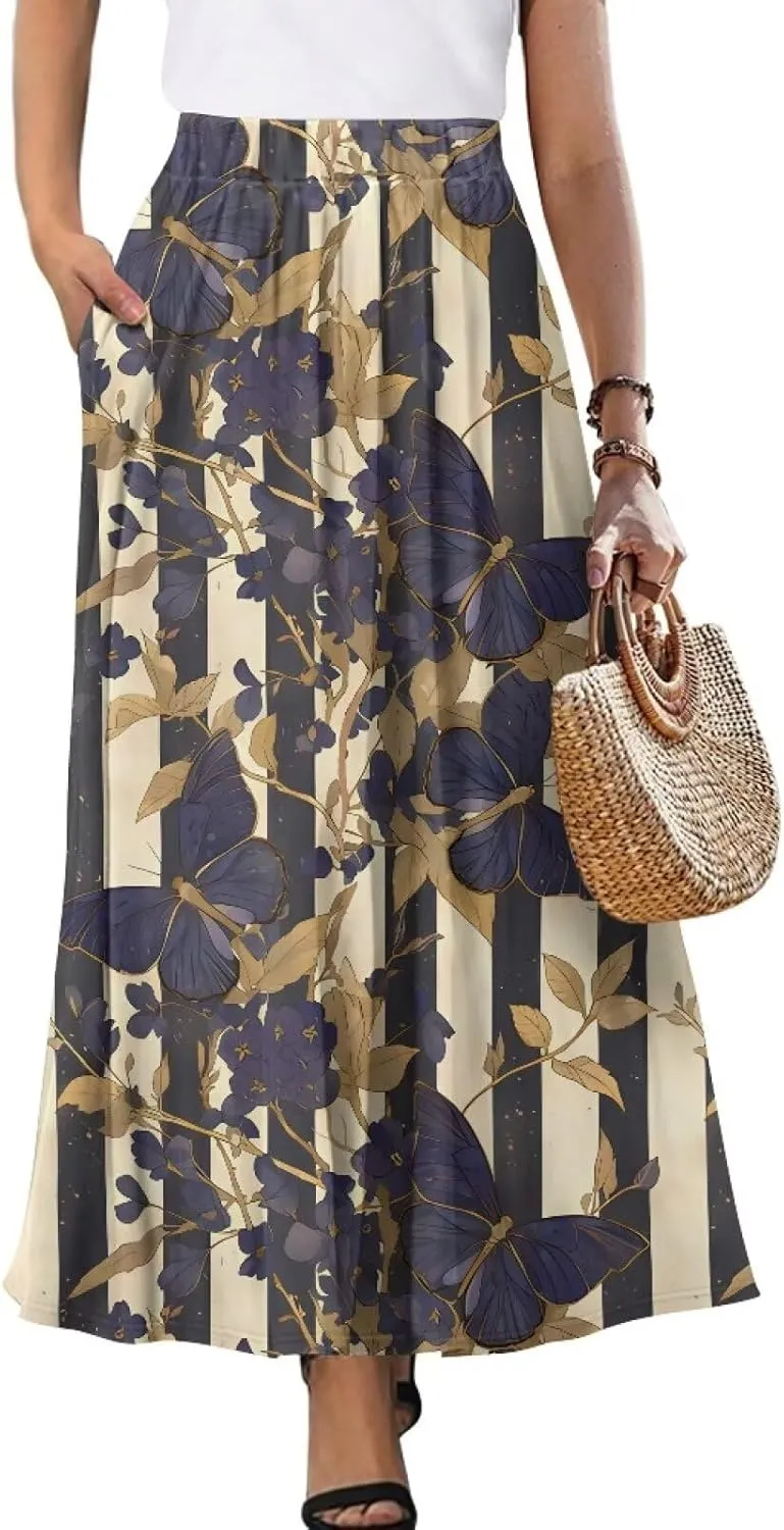 Long Skirts for Women with 2 Side Pockets A-Line Maxi Length Skirt Elastic Waistband S to 2XL Floral Printed Summer