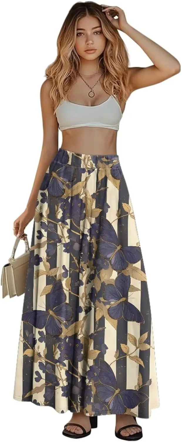 Long Skirts for Women with 2 Side Pockets A-Line Maxi Length Skirt Elastic Waistband S to 2XL Floral Printed Summer