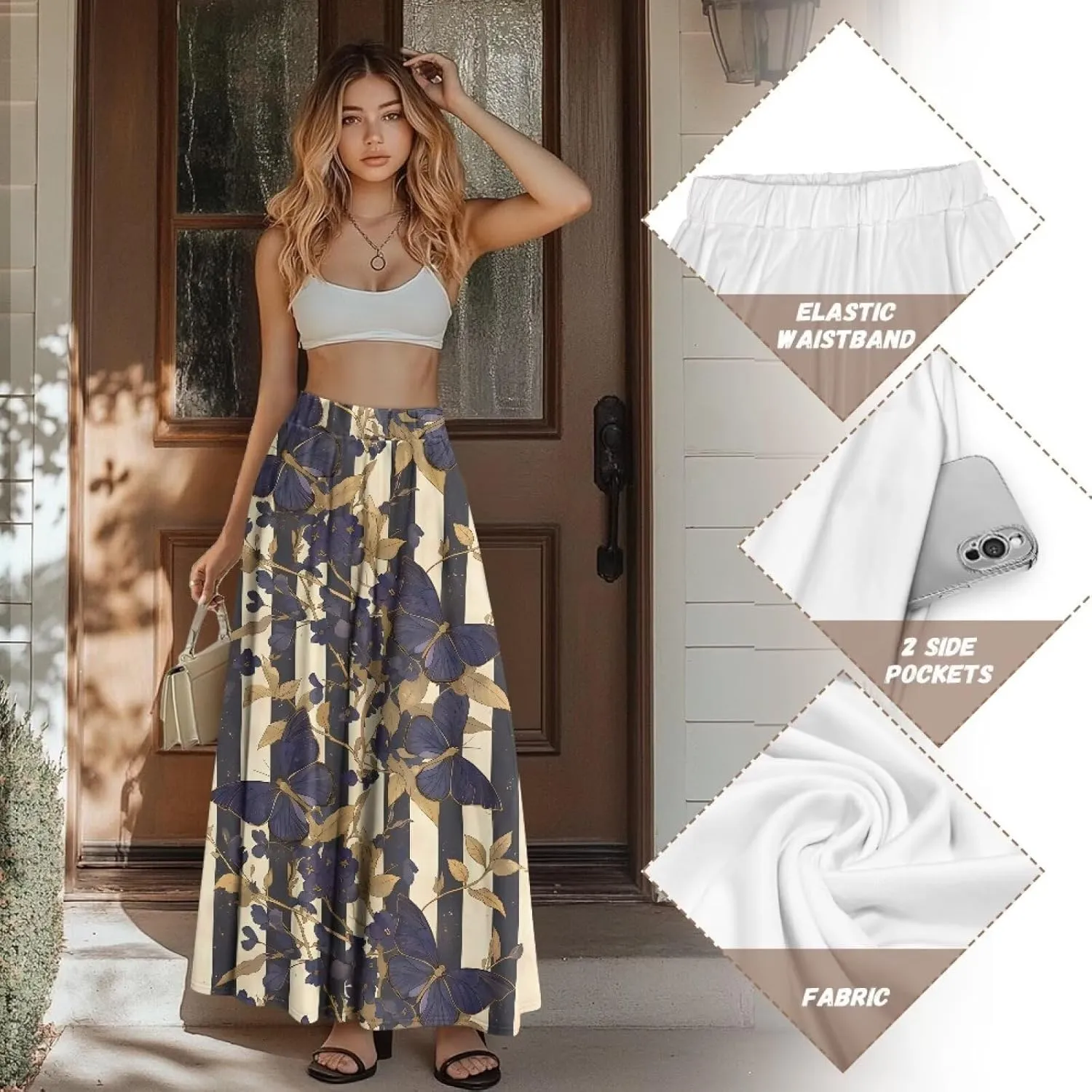 Long Skirts for Women with 2 Side Pockets A-Line Maxi Length Skirt Elastic Waistband S to 2XL Floral Printed Summer