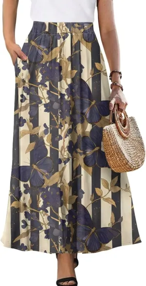 Long Skirts for Women with 2 Side Pockets A-Line Maxi Length Skirt Elastic Waistband S to 2XL Floral Printed Summer