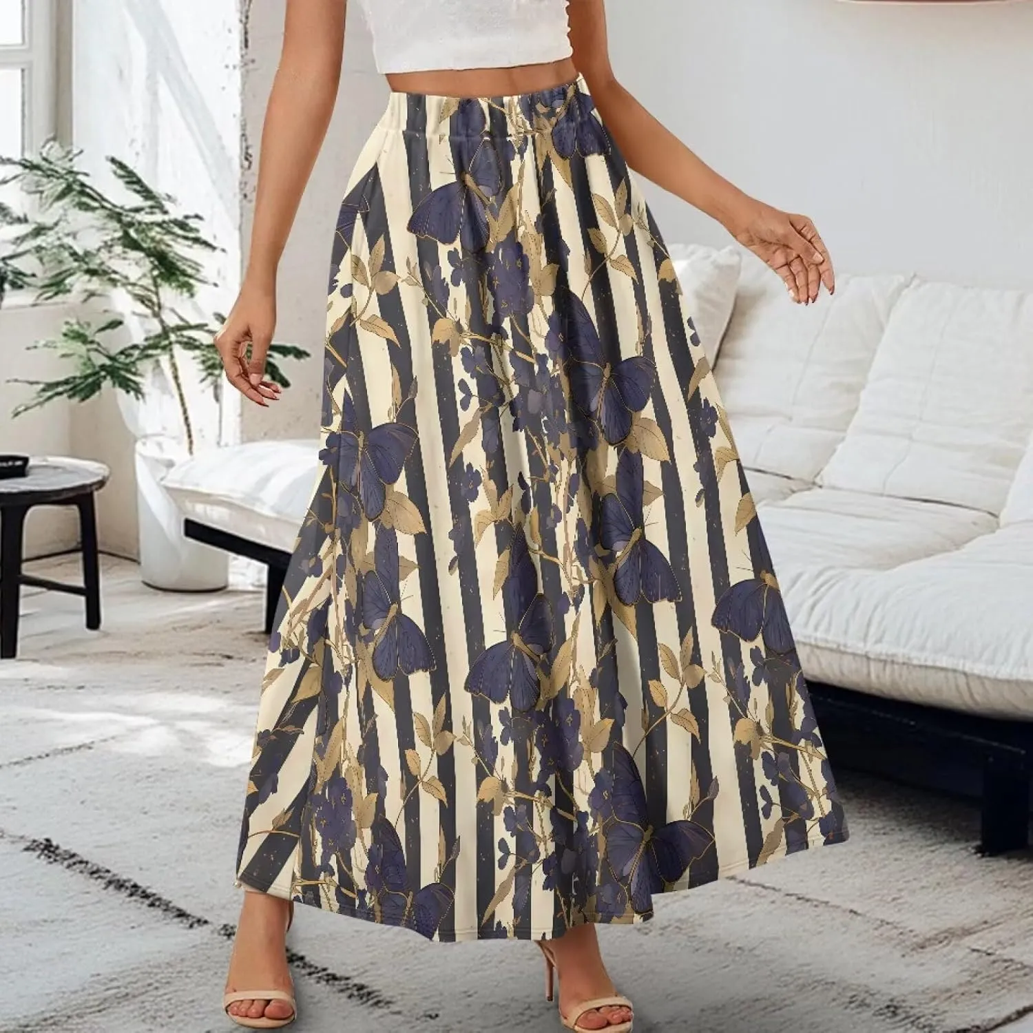 Long Skirts for Women with 2 Side Pockets A-Line Maxi Length Skirt Elastic Waistband S to 2XL Floral Printed Summer