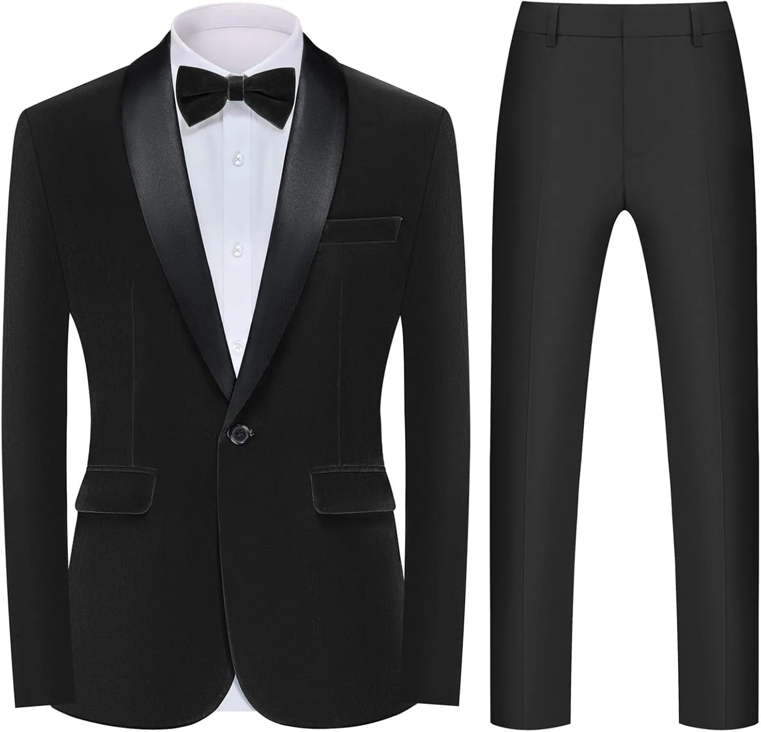 MAGE MALE Men's 2 Piece Velvet Suit Peak Lapel One Button Slim Fit Tuxedo Blazer Party Dinner Jacket & Pants