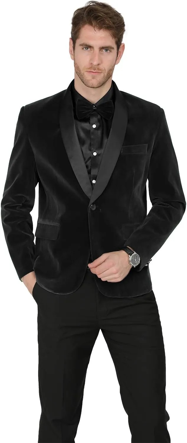 MAGE MALE Men's 2 Piece Velvet Suit Peak Lapel One Button Slim Fit Tuxedo Blazer Party Dinner Jacket & Pants