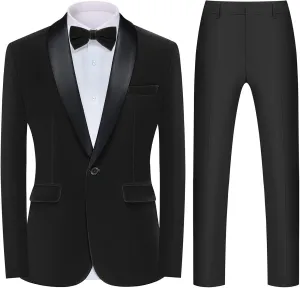 MAGE MALE Men's 2 Piece Velvet Suit Peak Lapel One Button Slim Fit Tuxedo Blazer Party Dinner Jacket & Pants