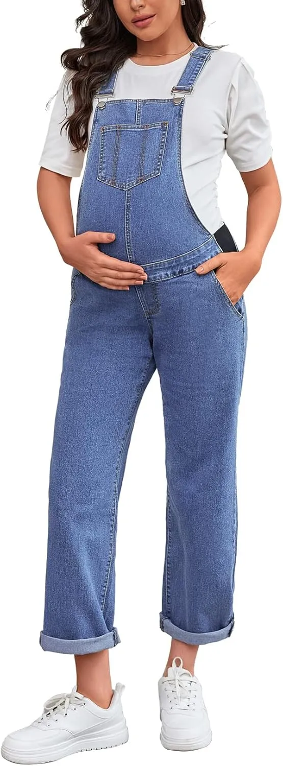 Maternity Overalls Bib Straight Leg Ankle Length Maternity Denim Overalls for Pregnant Woman