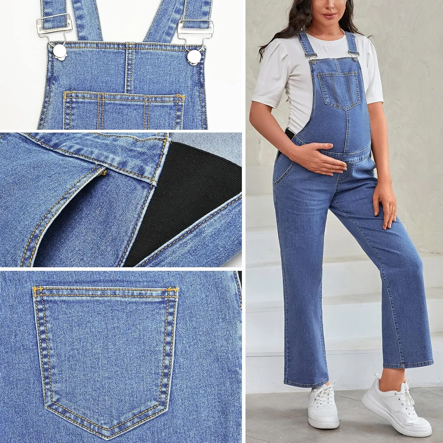 Maternity Overalls Bib Straight Leg Ankle Length Maternity Denim Overalls for Pregnant Woman