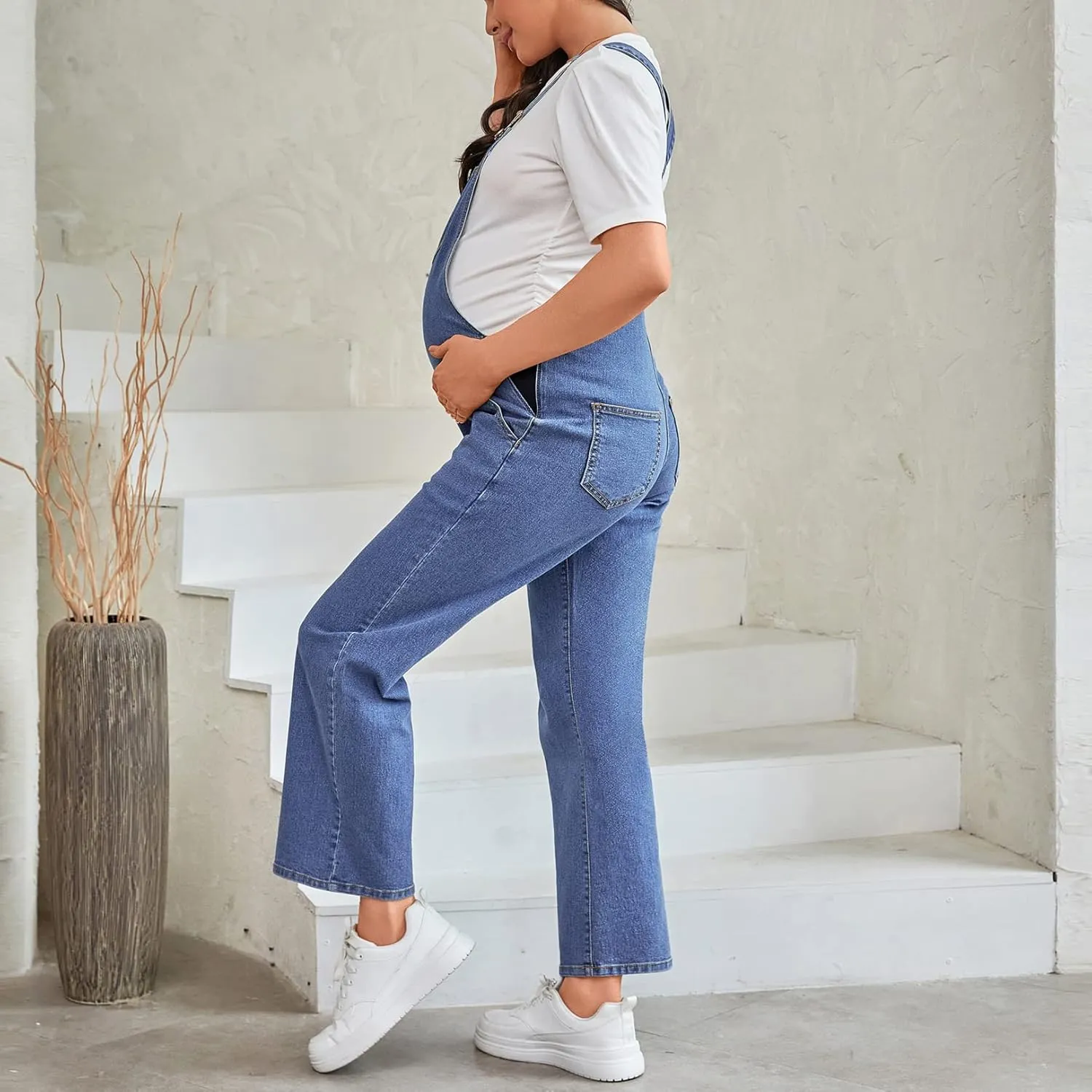 Maternity Overalls Bib Straight Leg Ankle Length Maternity Denim Overalls for Pregnant Woman