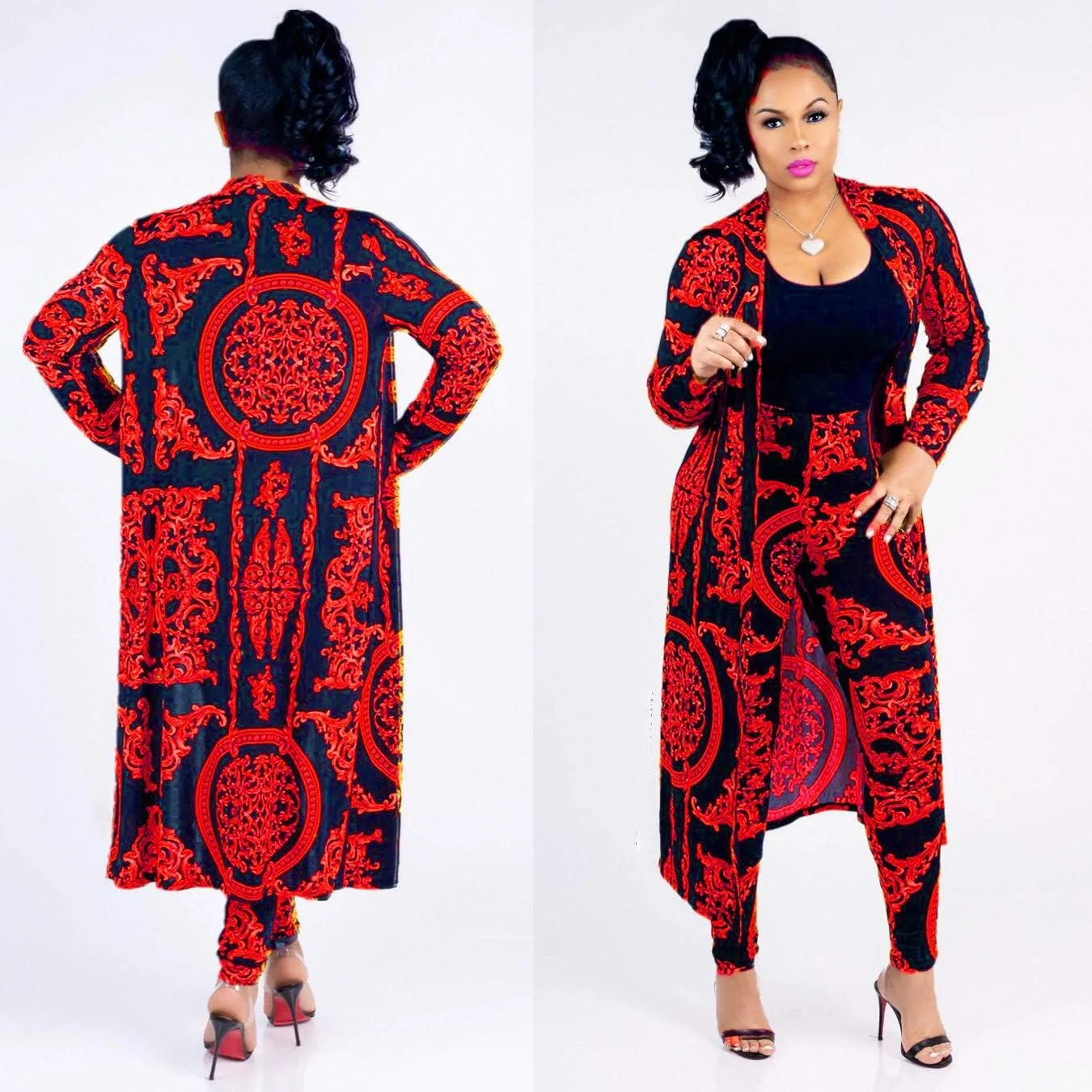 Max2co Women 2 Piece Outfits Floral Long Sleeves Open Front Cardigan Cover up with Leggings High Waist Long Pants Set