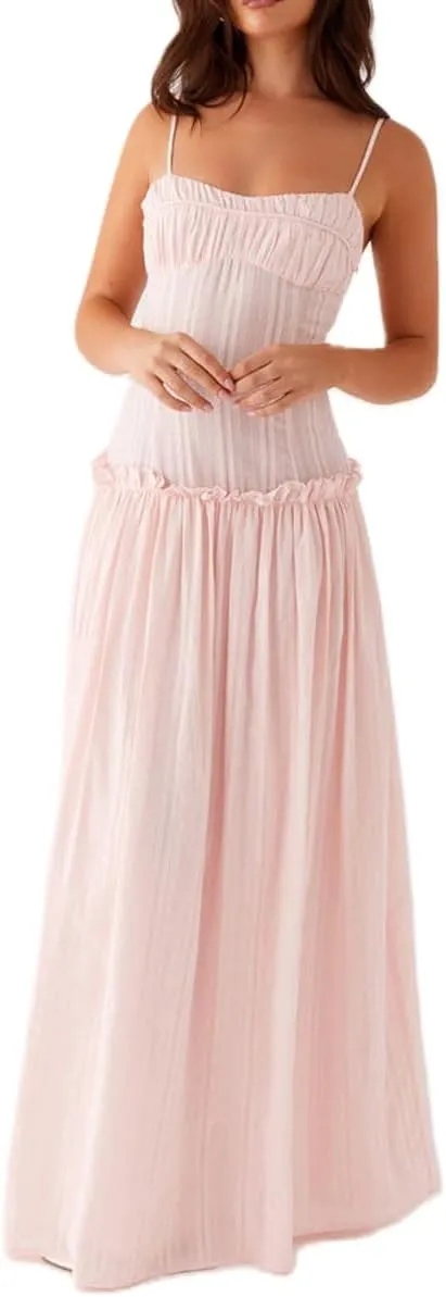 Meiweileya Women Spaghetti Strap Maxi Dress Smocked Drop Waist Long Dresses Backless Tiered Flowy Sundress Summer Beach 2025