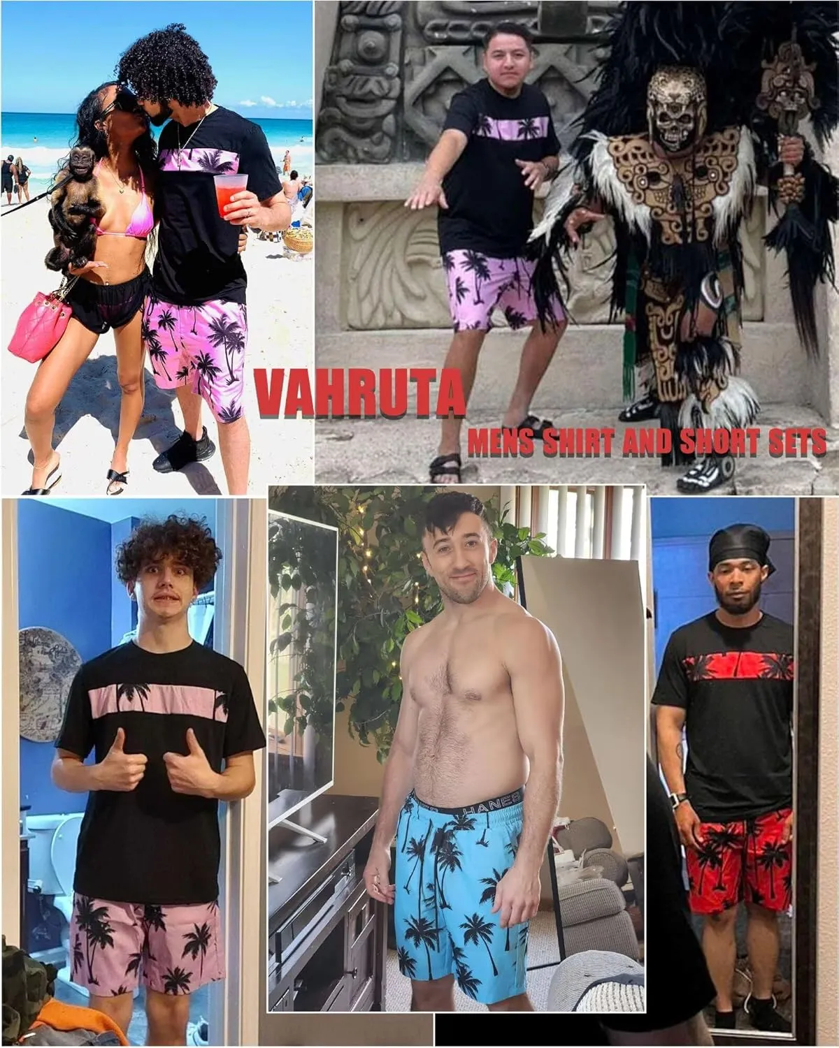 Mens 2 Piece Outfits Graphic Printed Matching Shirt and Shorts Set with Pocket Drawstring