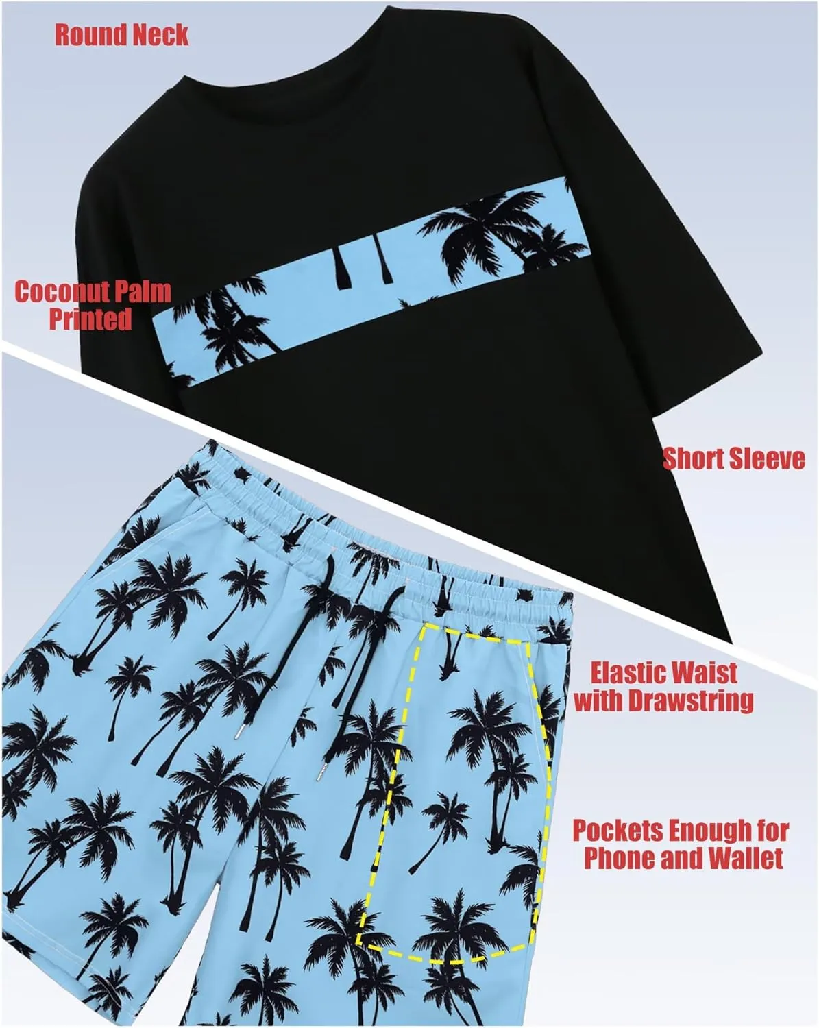 Mens 2 Piece Outfits Graphic Printed Matching Shirt and Shorts Set with Pocket Drawstring