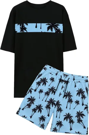 Mens 2 Piece Outfits Graphic Printed Matching Shirt and Shorts Set with Pocket Drawstring