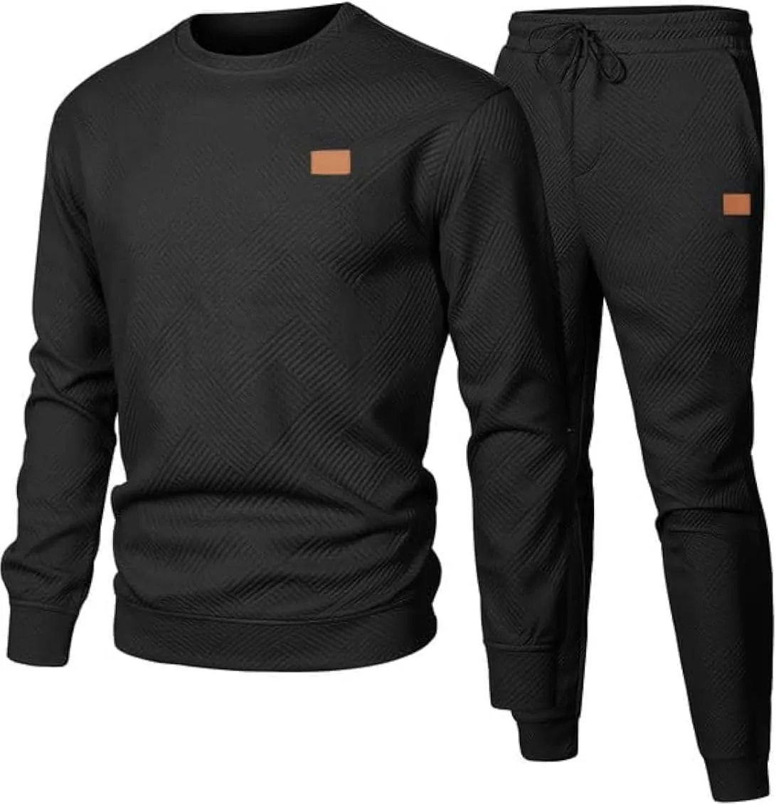 Men's 2 Piece Sweatsuits Outfits Casual Crewneck Jacquard Sweatshirt Joggers Sweatpants Set Tracksuit