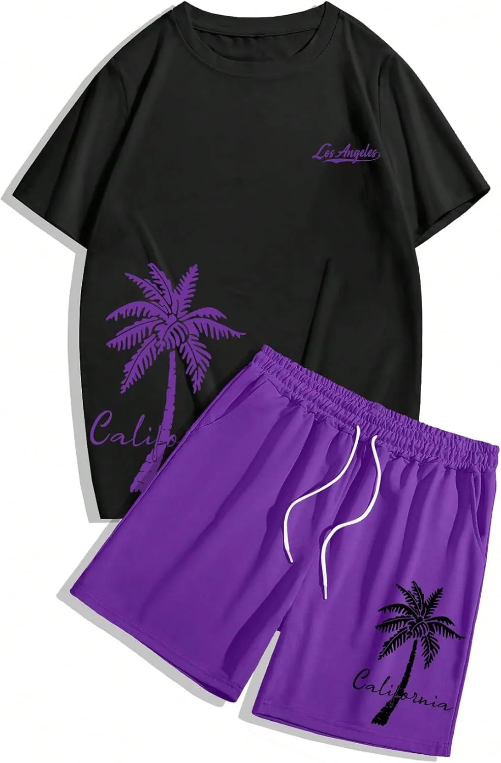 Men's 2 Pieces Outfit Short Sleeve Hawaiian Print Tee and Graphic Drawstring Waist Shorts Sets