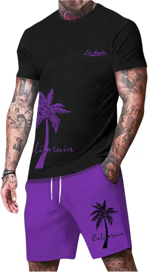 Men's 2 Pieces Outfit Short Sleeve Hawaiian Print Tee and Graphic Drawstring Waist Shorts Sets
