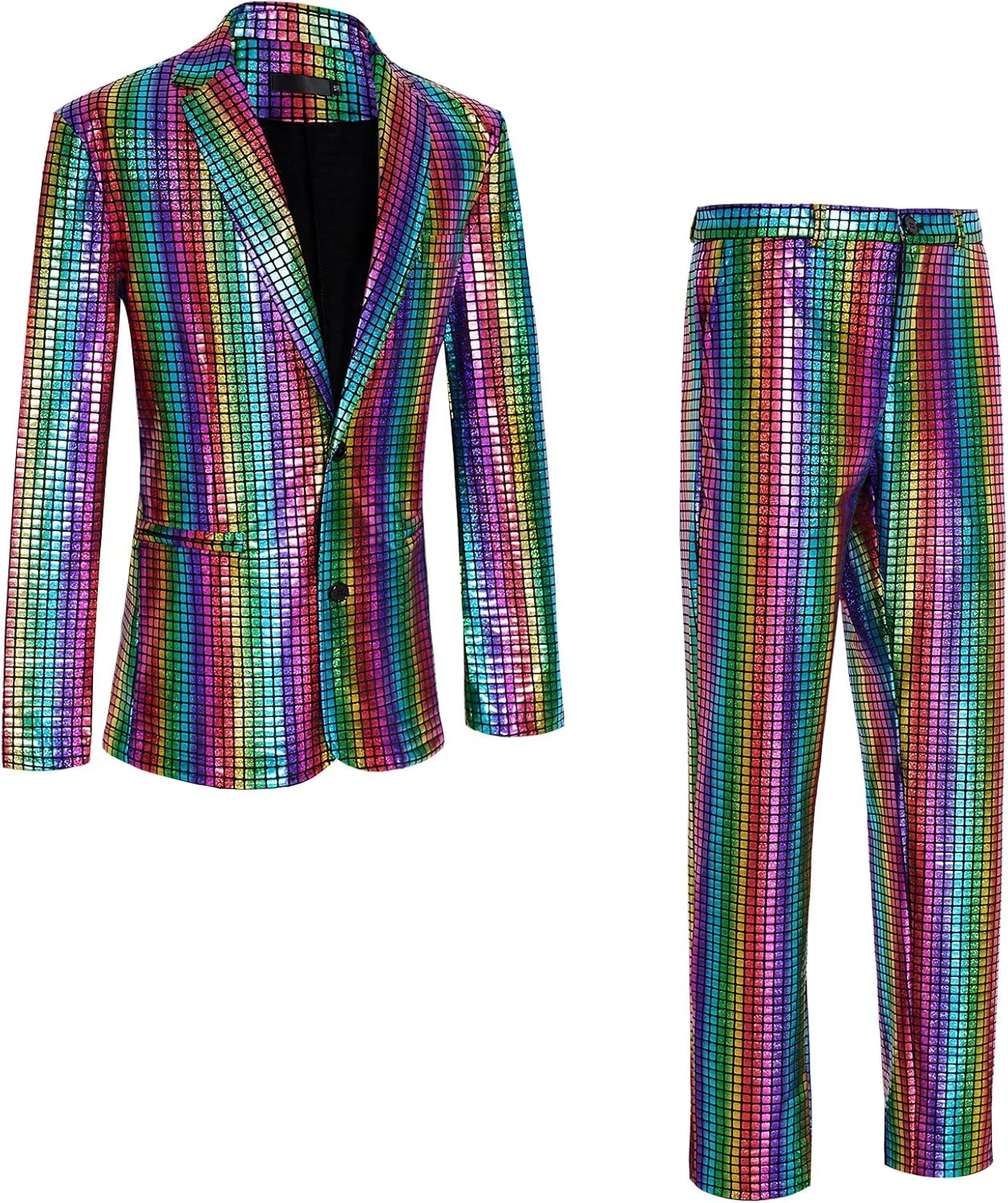Mens 70s Disco Outfits Set Shiny Sequin Suit and Pants Halloween Costume