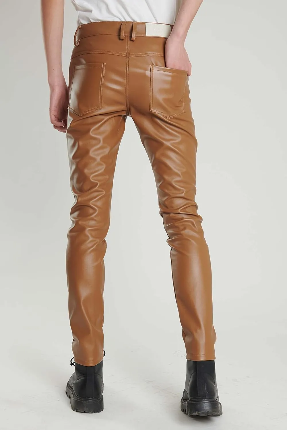 Men`s Business Slim Fit Five Pockets Faux Leather Pants Jeans