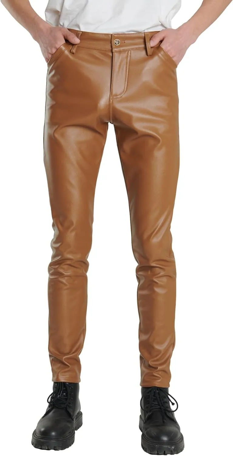 Men`s Business Slim Fit Five Pockets Faux Leather Pants Jeans