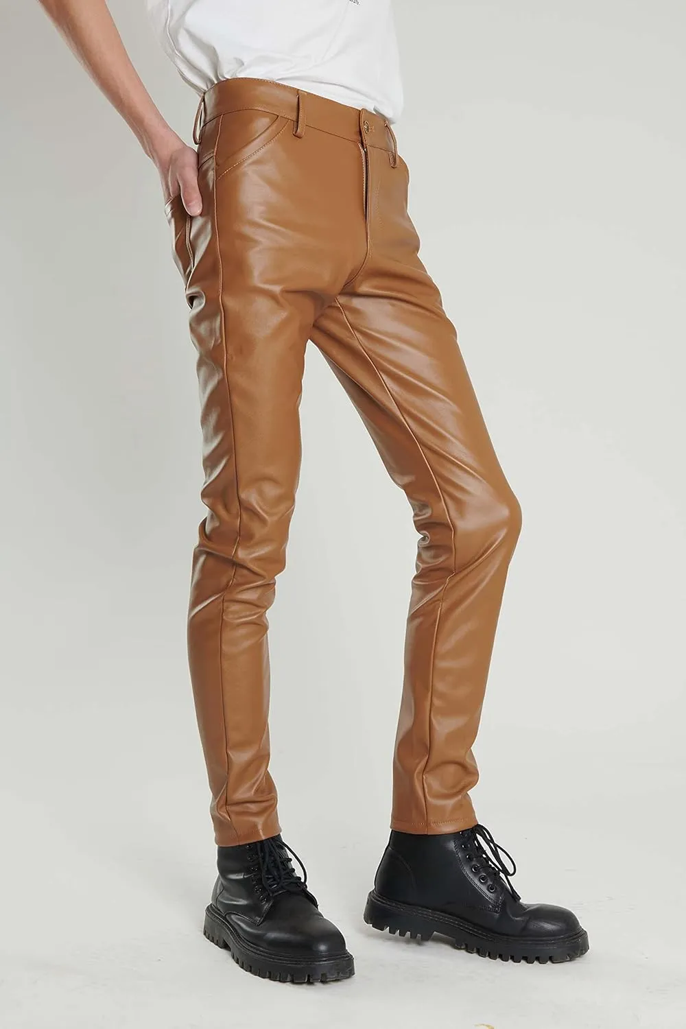 Men`s Business Slim Fit Five Pockets Faux Leather Pants Jeans