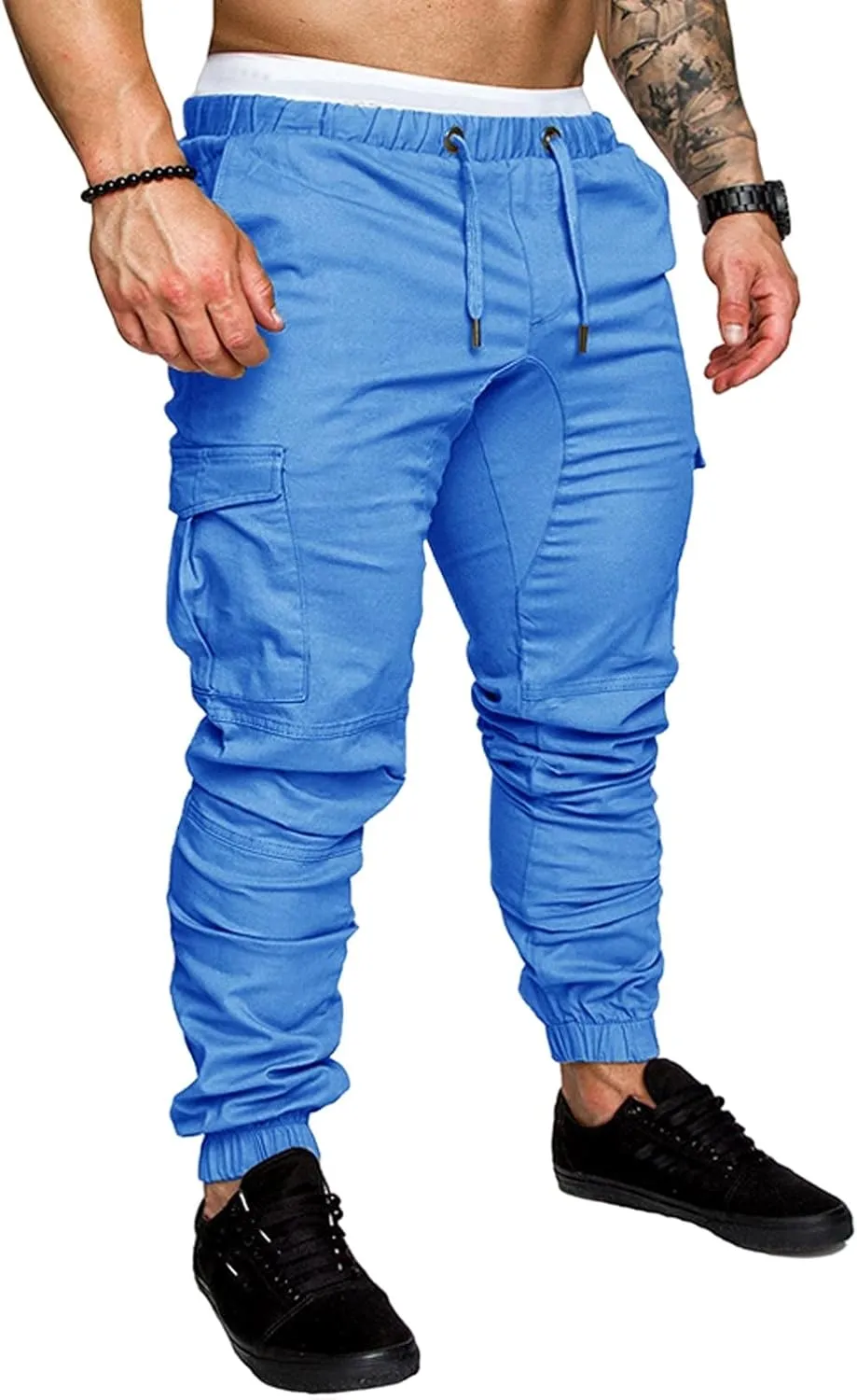 Men's Cargo Pants Solid Color Bandage Sweatpants Drawstring Elastic Waist Cargo Pants Slim Fit Casual Outdoor Trousers