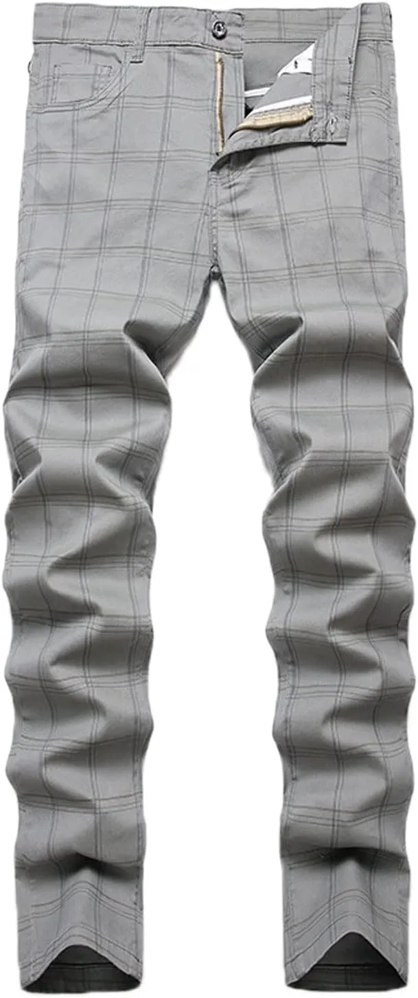 Mens Casual Plaid Chino Business Dress Pants,Fashion Black Stretch Slim Fit Flat Front Skinny Dress Pant for Men