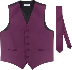 Men's Dress Vest & Skinny NeckTie Solid Burgundy Color 2.5" Neck Tie Set