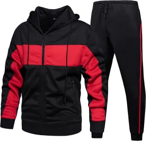 Men's Hooded Athletic Tracksuit Sweatsuit Long Sleeve Full-Zip Jogging Sweatpants 2 Piece Patchwork Sportsuits