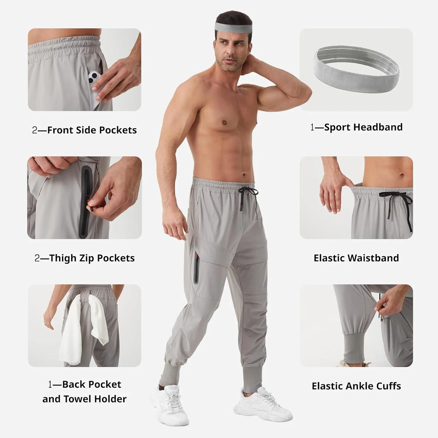 Men's Joggers Sweatpants with Zipper Pockets & Waist Drawstring,Lightweight Cool High Rib Workout Running Pants