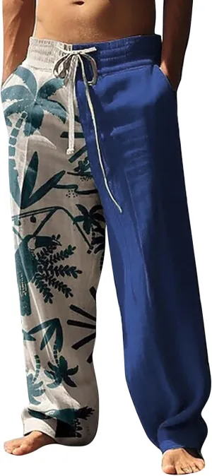 Mens Linen Beach Pants Tropical Plant Print Slacks Plus Size Summer Beach Vacation Casual Pants Open Bottom Trousers