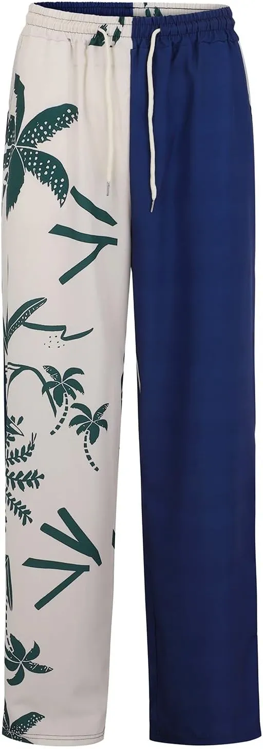 Mens Linen Beach Pants Tropical Plant Print Slacks Plus Size Summer Beach Vacation Casual Pants Open Bottom Trousers